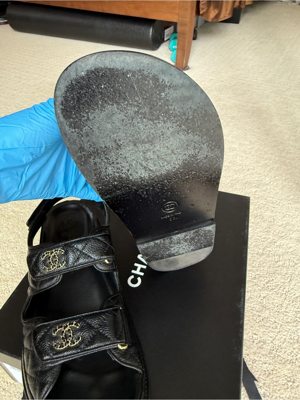Authentic CHANEL Black Quilted caviar Leather Logo dad Sandals 38 8 - Picture 9 of 13